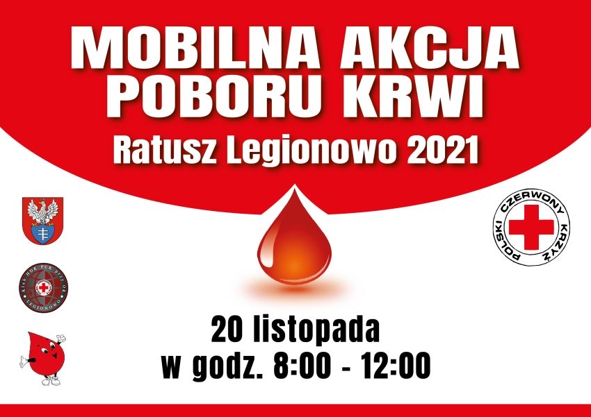 Plakat promujący Mobliną Akcję Poboru Krwi w Legionowie.