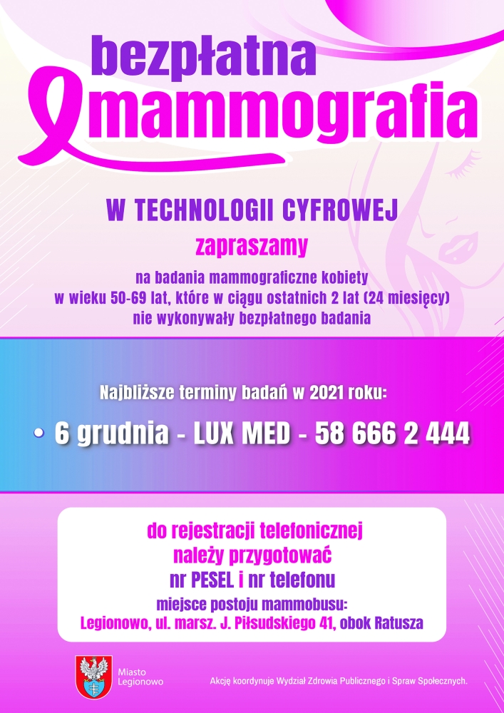 Plakat informujący o terminach badań mammograficznych w Legionowie