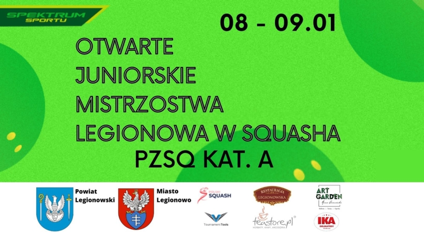 Grafika promująca Otwarte Juniorskie Mistrzostwa Legionowa w Squasha