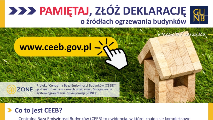 Grafika z napisem - Pamiętaj, złóż deklarację o źródłach ogrzewania budynków; w tle domek