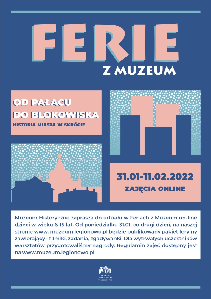 Plakat - ferie z muzeum, w tle grafiki z budynkami