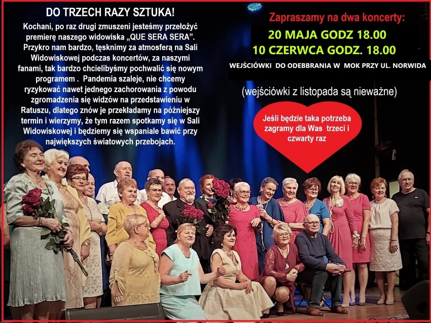 Zaproszenie na widowisko 'Que sera sera', w tle grupa kilkunastu osób
