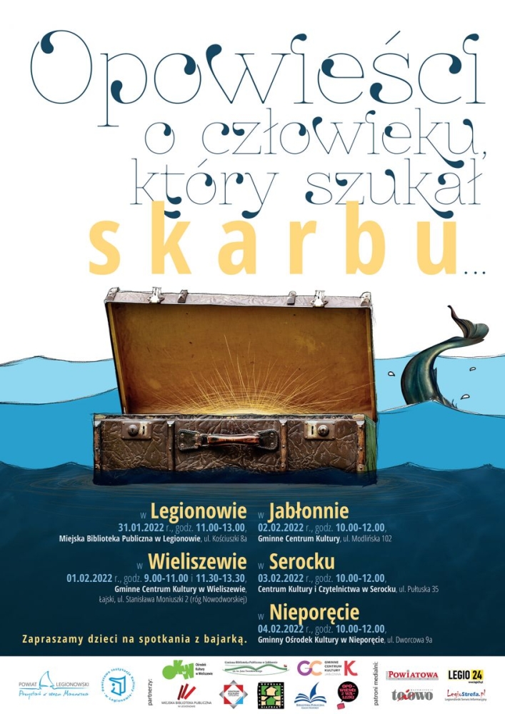 Opowieści na ferie - spotkania z bajarką; w tle kuferek
