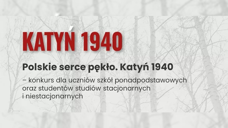 Napis: Katyń 1940, informacja o konkursie; w tle brzozy