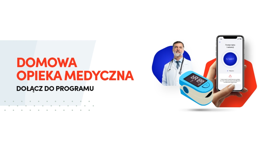 Na garfice napis - Domowa opieka medyczna, w tle wizerunek lekarza, obok pulsoksymetr