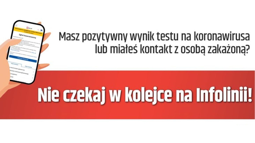 Grafika z napisem - Nie czekaj w kolejce na infolinii!, z lewej strony smartfon w ręce