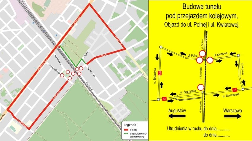 Mapa objazdu i znak drogowy z oznaczeniami objazdu - Budowa tunelu