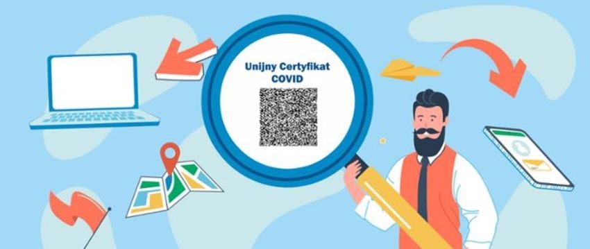 Grafika informująca o unijnym certyfikacie COVID