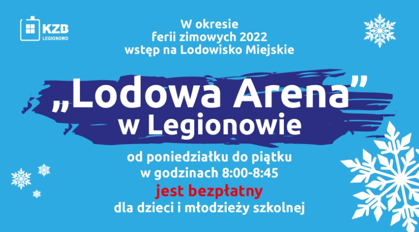 Grafika promująca darmowe wejścia na lodowisko, w tle płatki śniegu