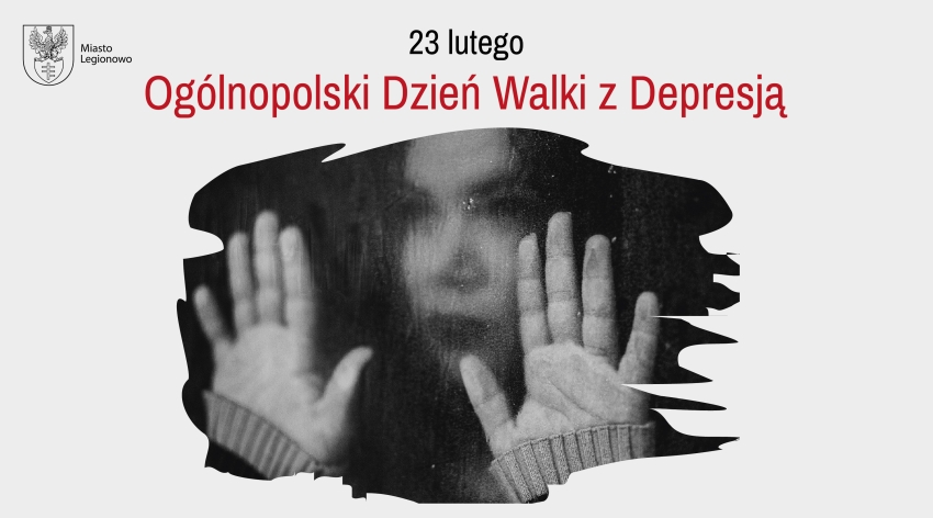 Grafika z napisem Ogólnopolski Dzień Walki z Depresją, Osoba za szybą trzyma dłonie na szybie