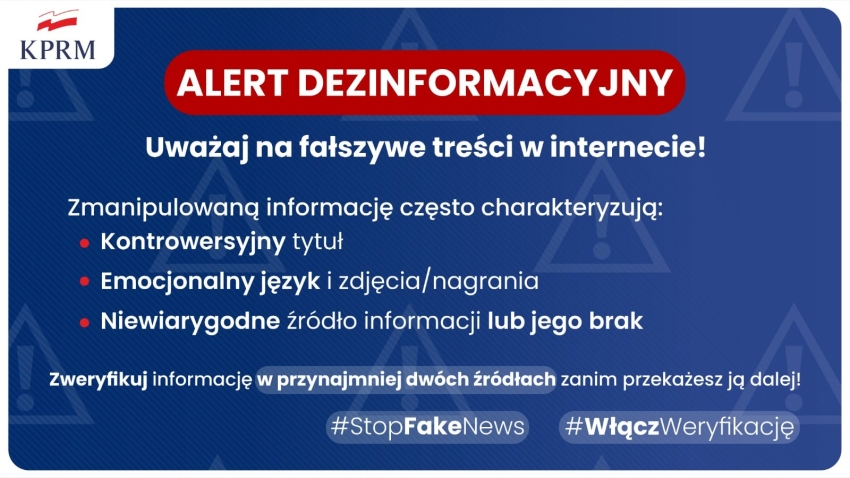 Grafika z napisem Alert Dezinformacyjny, treść w aktualności