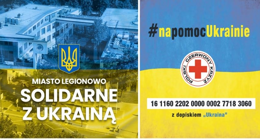 Na tle ukraińskiej flagi informacje o zbiurce PCK na rzecz Ukrainy