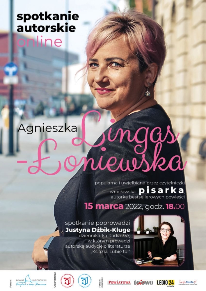 Plakat promujący spotkanie autorskie on-line z Agnieszką Lingas-Łoniewską