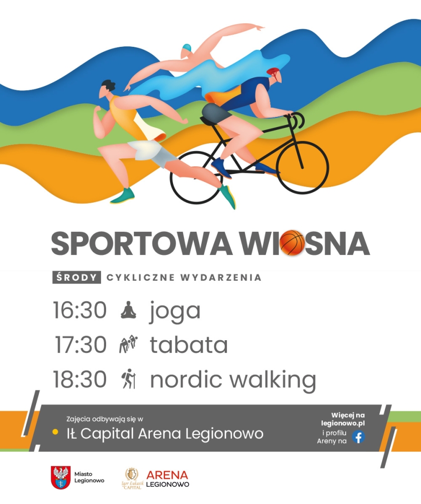 Grafika informująca o zajęciach z jogi, tabaty, nordic walking