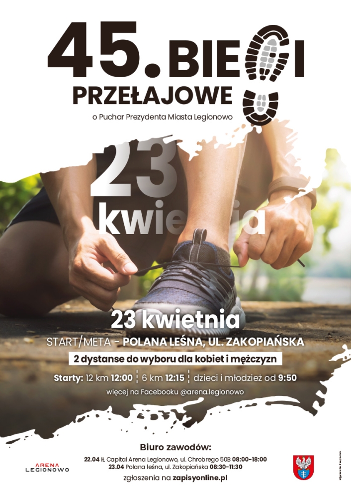 Plakat promujący 45. Biegi Przełajowe w Legionowie 23 kwietnia 2022 r.