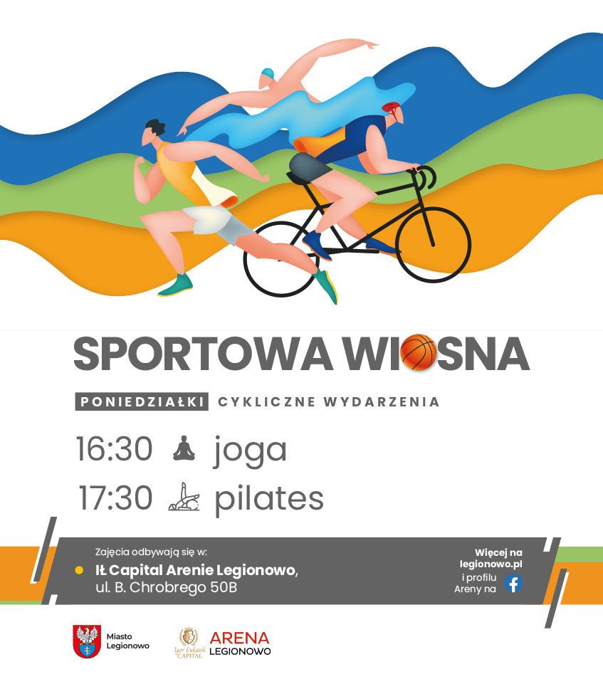 Grafika informująca o zajęciach z jogi i pilatesu