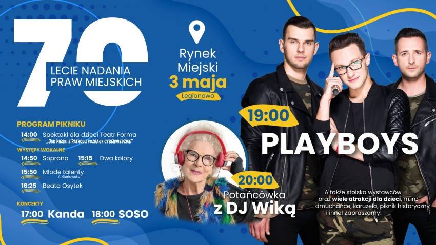Grafika promująca 70 lecie nadania praw miejskich; treść w artykule
