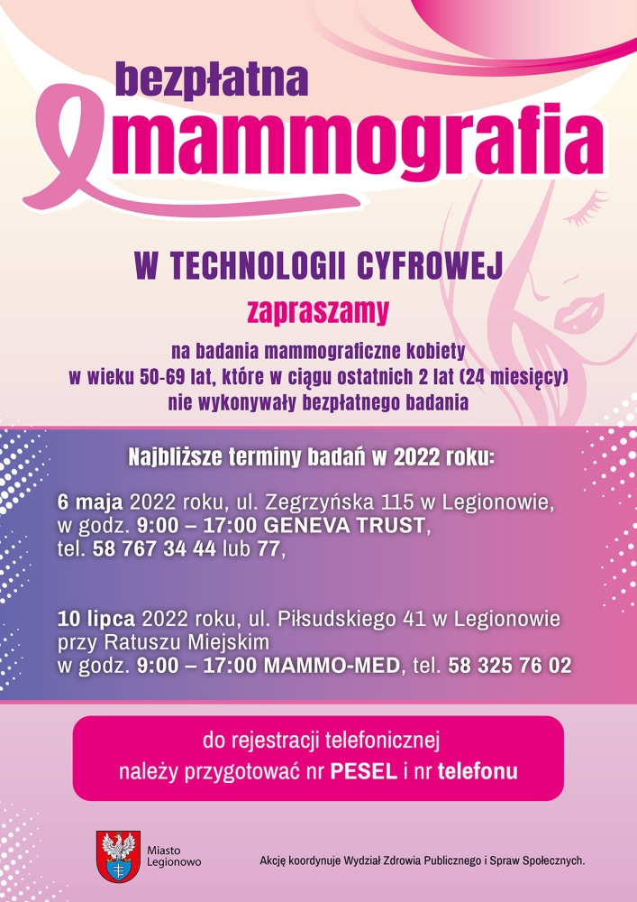 Plakat informujący o terminach badań mammograficznych w Legionowie