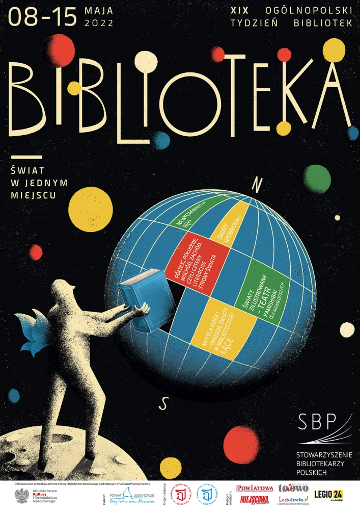Ludzka postać wkładająca księżkę w globus - plakat promujący Tydzień Bibliotek