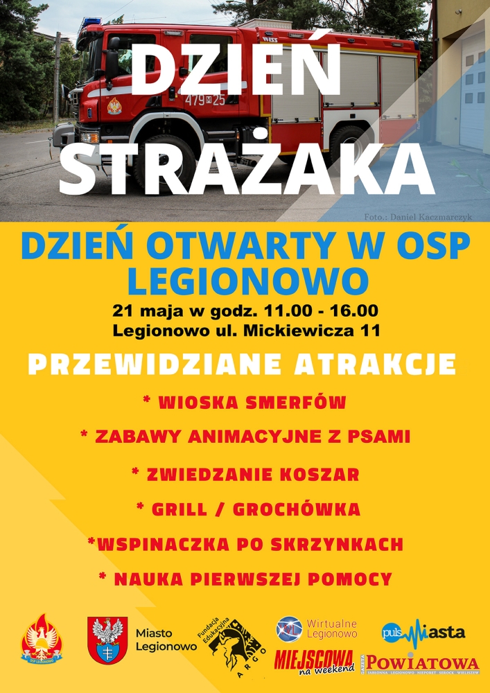 Plakat promujący dzień otwarty w OSP Legionowo; w tle wóz strażacki