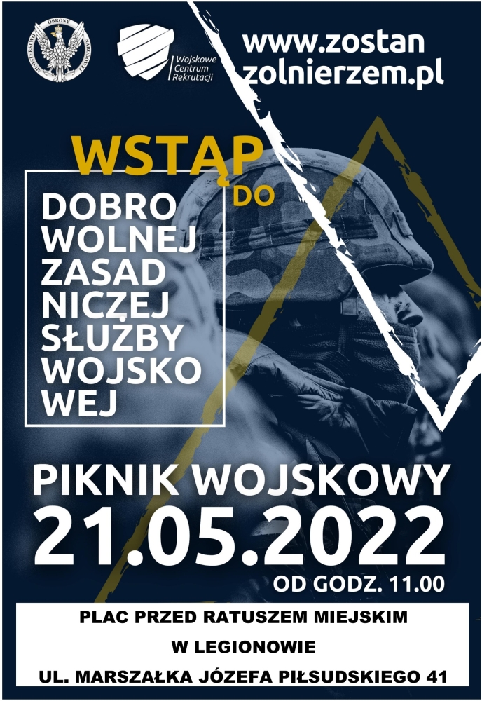 Plakat promujący piknik wojskowy; wtle żołnierz