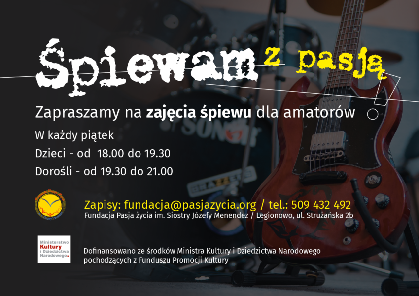Plakat promujący zajęcia ze śpiewu; w tle gitara