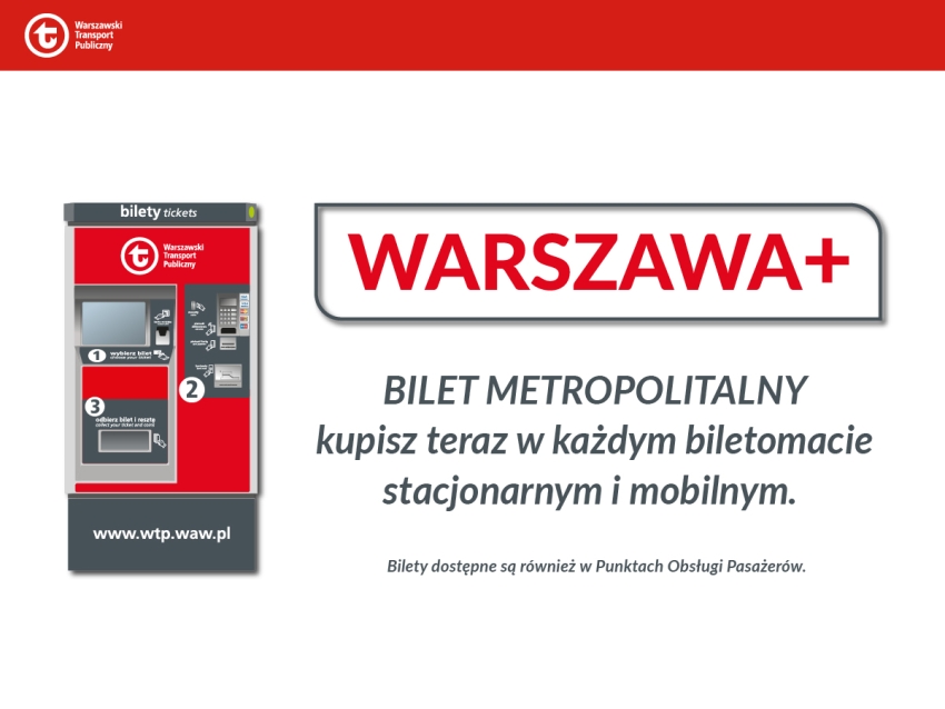 Biletomat; obok informacja, że bilet metropolitalny można doładować w każdym biletomacie