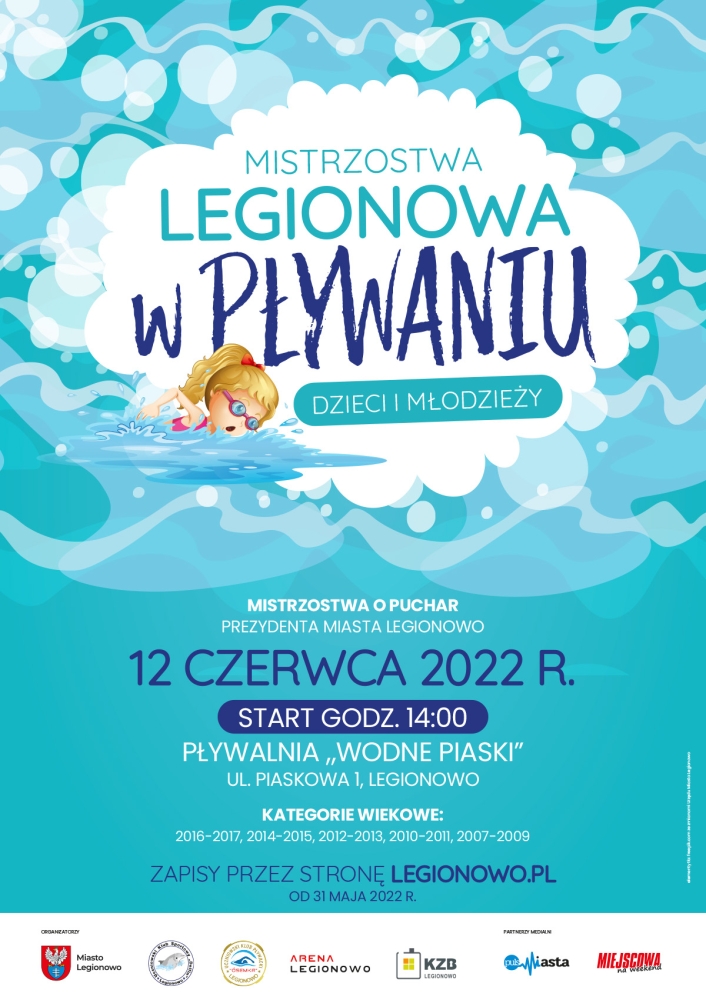 Plakat promujący Mistrzostwa Legionowa w Pływaniu Dzieci i Młodzieży