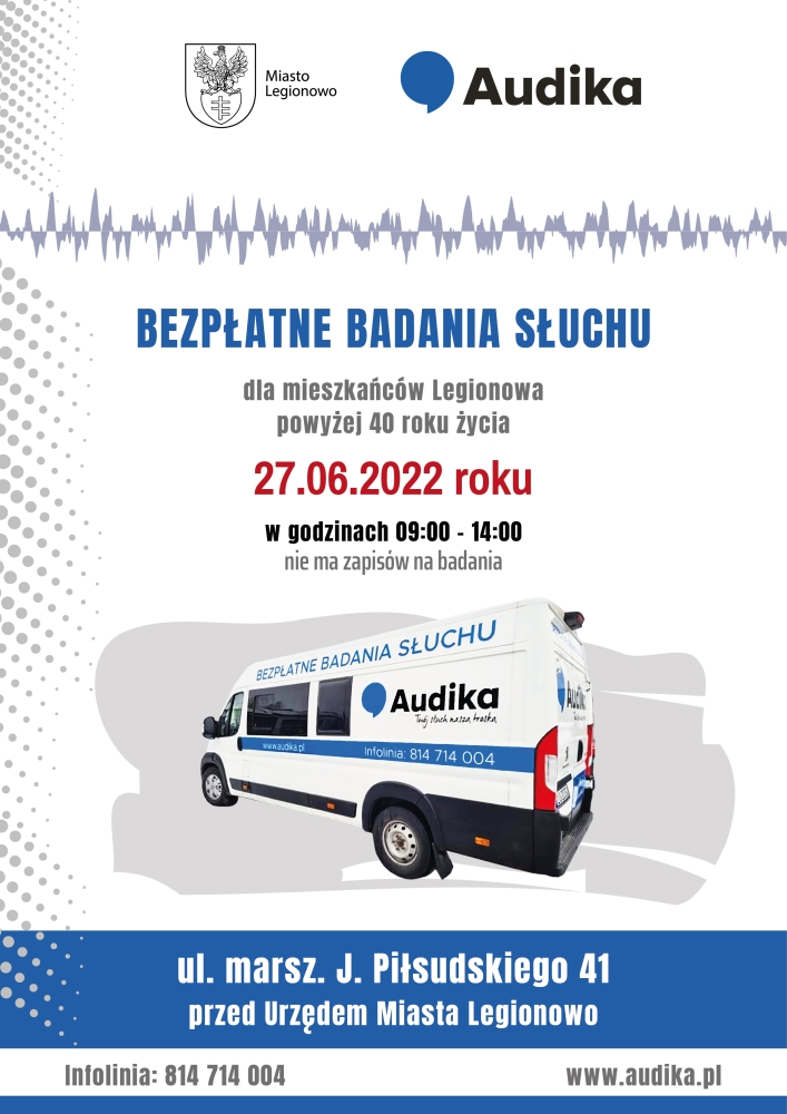 Plakat informujący o bezpłatnych badaniach słuchu; na środku samochód