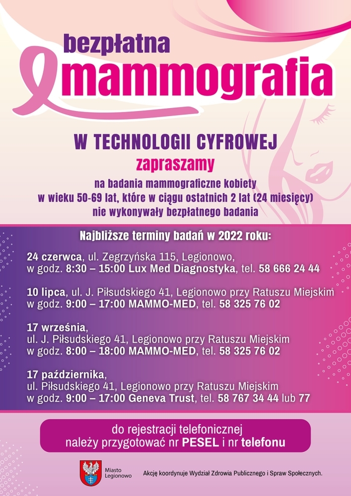 Plakat informujący o terminach badań mammograficznych w Legionowie