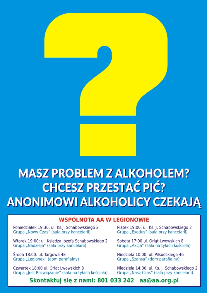 Plakat informujący o wspólnocie AA w Legionowie