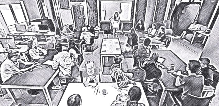 Stylizowane czarno-białe zdjęcie przedstawiające uczniów w klasie