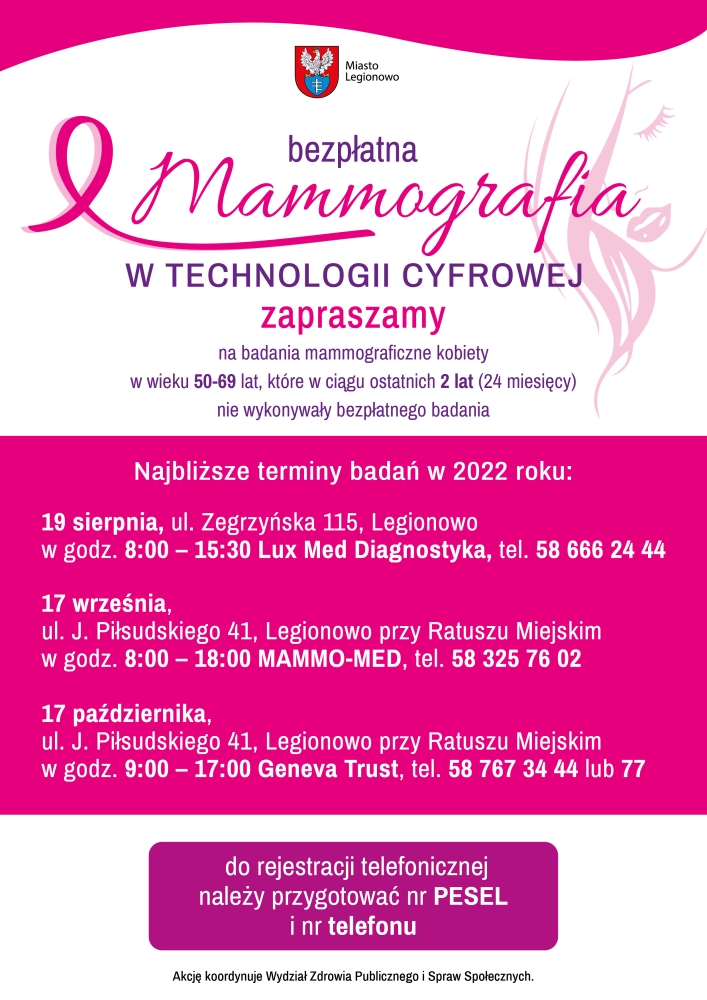 Plakat informujący o terminach badań mammograficznych w Legionowie