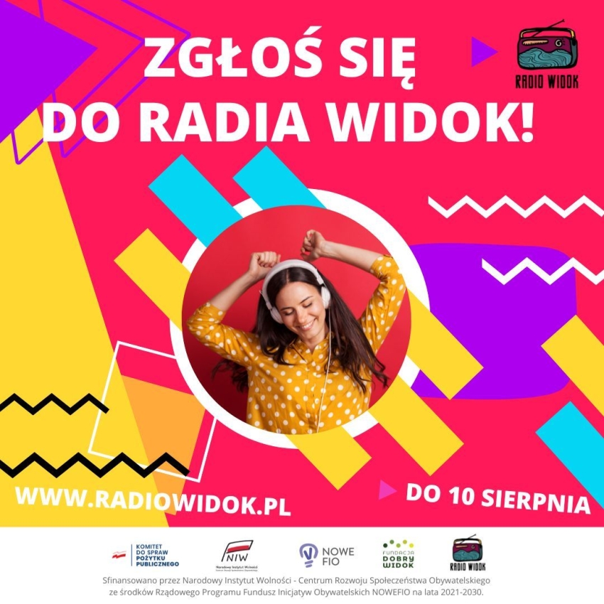 Dziewczyna w słuchwakach, nad nią napis - Zgłoś się do Radia Widok!