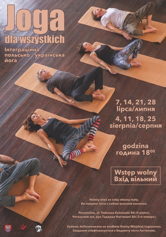 Plakat dot. Jogi. Grupa osób cwiczy leżąc na plecach.