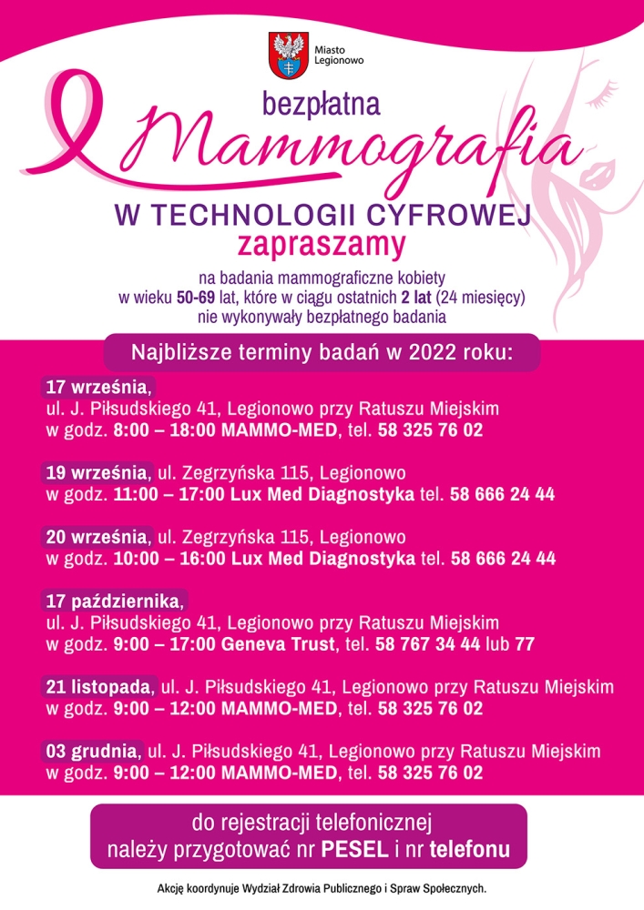 Plakat informujący o terminach badań mammograficznych w Legionowie