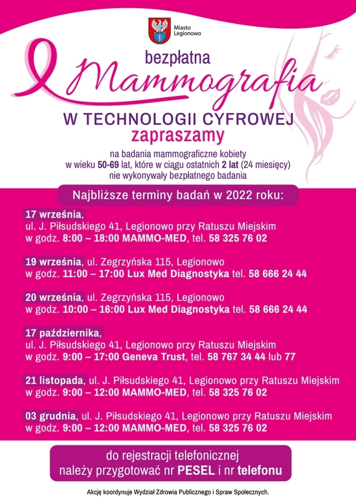 Plakat informujący o terminach badań mammograficznych w Legionowie