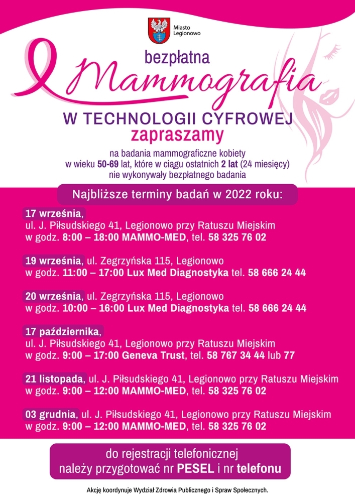 Plakat informujący o terminach badań mammograficznych w Legionowie