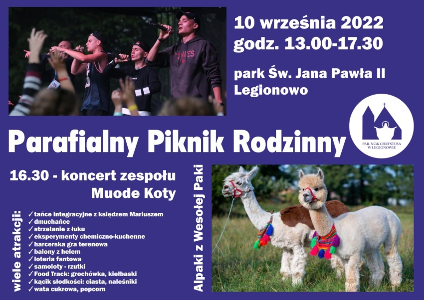 Plakat promujący piknik rodzinny w parku Św. Jana Pawła II w Legionowie