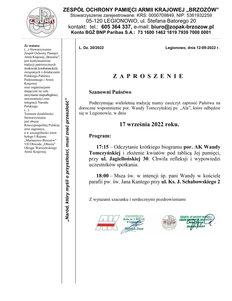 Zaproszenie na Dzień Wandy Tomczyńskiej