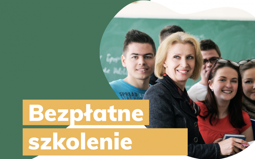 Kobieta, za nią kilka osób. Napis: Bezpłatne szkolenie