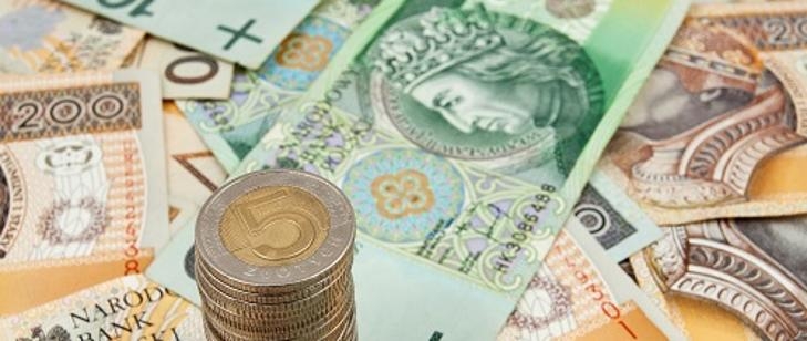 Rozłożone banknoty i 5 złotówki ustawione jedna na drugiej