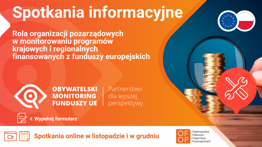 Grafika promująca Spotkania informacyjne - Obywatelski Monitoring Funduszy UE