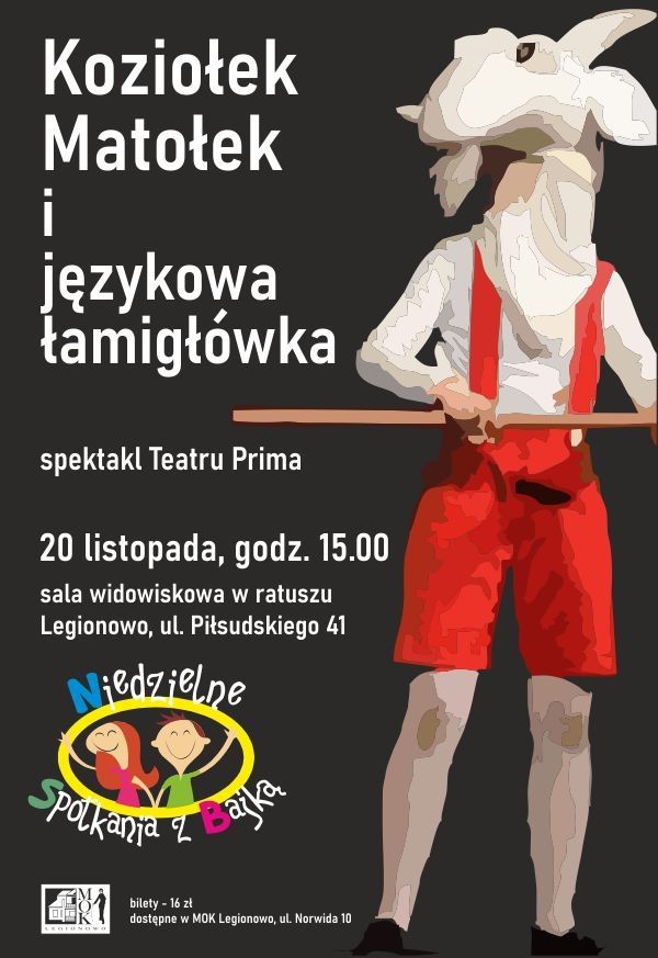 Plakat promujący spektakl Teatru Prima - Koziołek Matołek i Językowa Łamigłówka