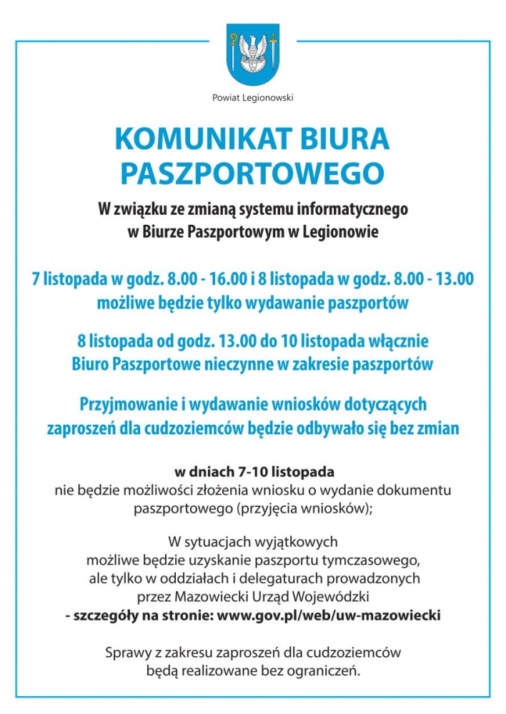 Plakat informujący o zmianach w biurze paszportowym