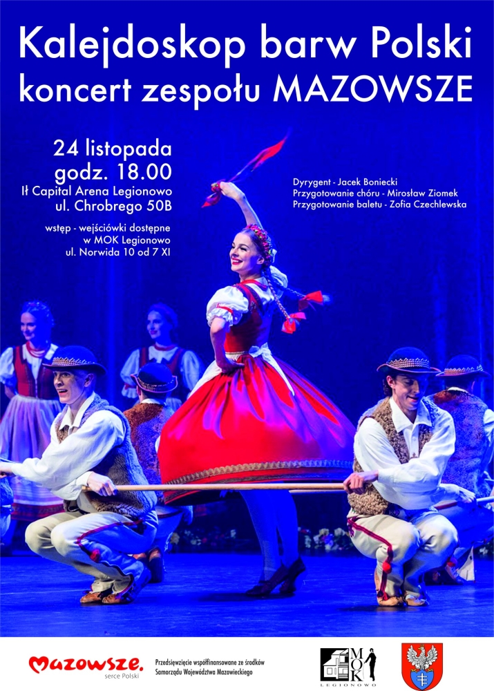 Plakat promujący koncert zespołu Mazowsze w Legionowie