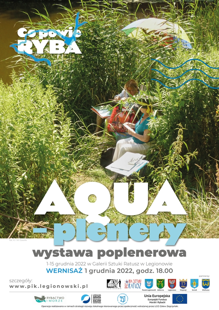 Plakat promujący wernisaż, w tle dwie malujące obrazy osoby w trzcinach nad rzeką