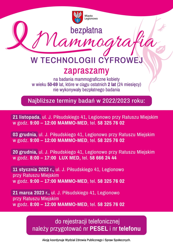 Plakat informujący o terminach badań mammograficznych w Legionowie