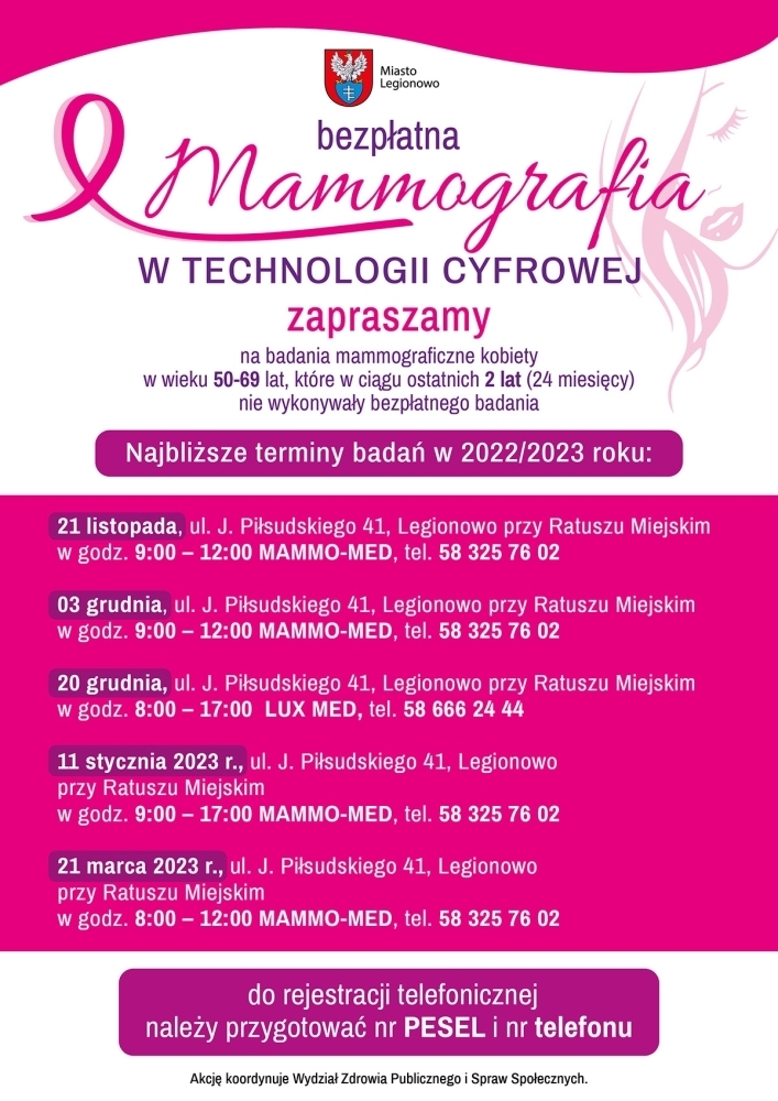 Plakat informujący o terminach badań mammograficznych w Legionowie