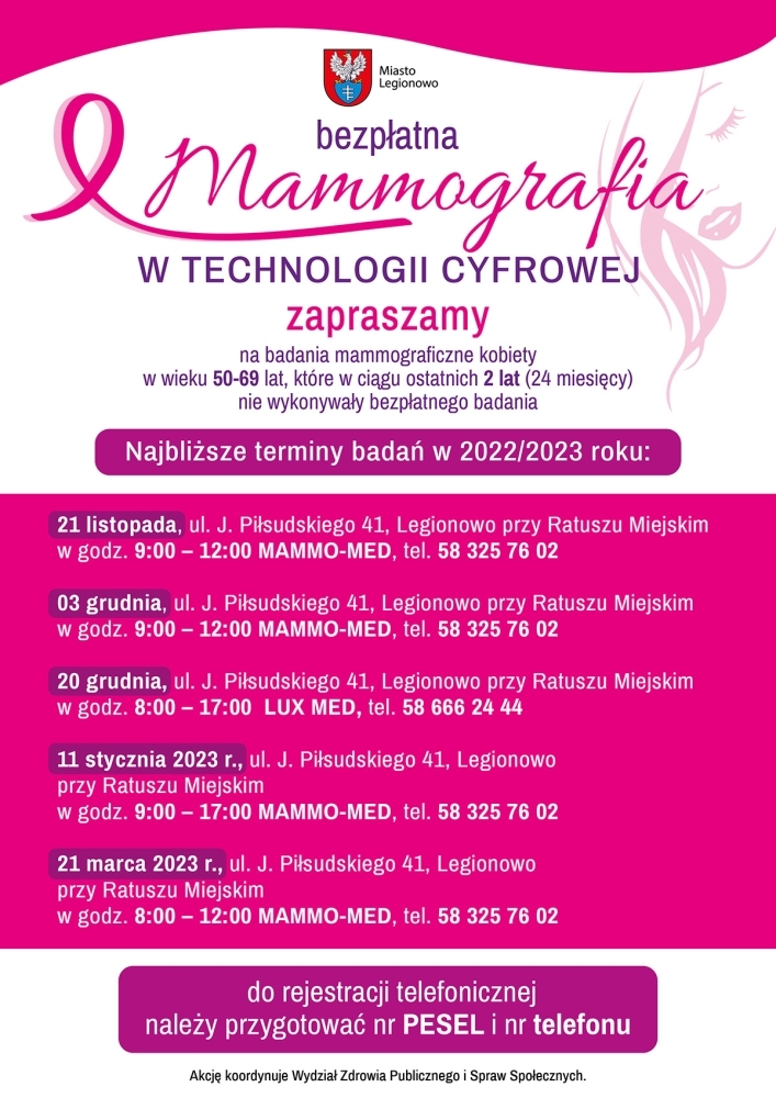 Plakat informujący o terminach badań mammograficznych w Legionowie
